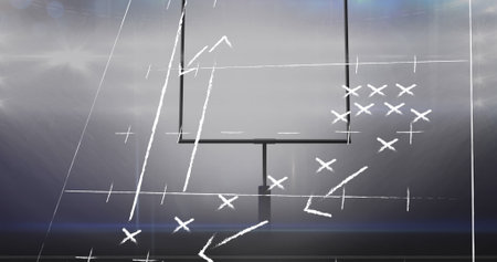 Image of sports stadium over plan of stadium. Global sport and digital interface concept digitally generated image.の写真素材