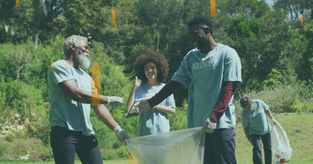 Image of rising arrows over happy african american family picking up rubbish in countryside. eco...