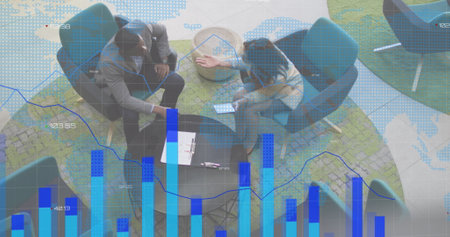 Image of financial data processing over diverse business people. global business, finances,...