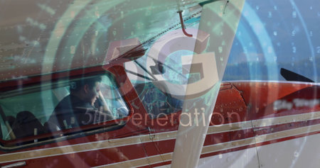 Image of digital interface and 5g text over plane. digital interfaces concept and connections...