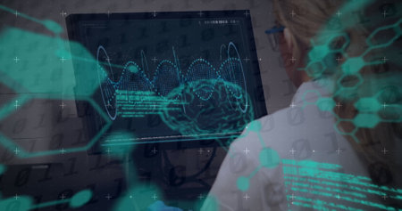 Image of digital interface with brain over caucasian woman using computer. digital interfaces concept and connections concept digitally generated image.の写真素材