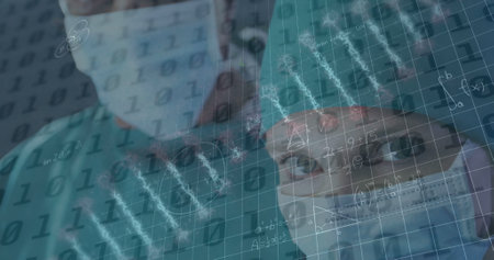 Image of binary coding and dna strand over caucasian nurse with face mask. medical and healthcare...