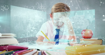 Image of scientific data processing on screens over caucasian schoolboy. learning, science, digital...