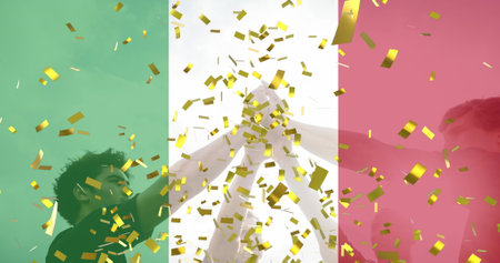 Golden confetti and italy waving flag against group of male rugby players high fiving each other. sports and competition conceptの写真素材