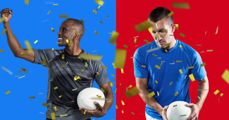 Image of confetti and vs text over two diverse male rugby players with balls. sport and social media...