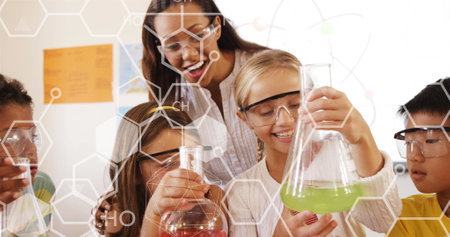 Image of chemical structures over smiling biracial female teacher with diverse schoolchildren....