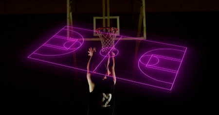 Neon basketball court layout against african american male basketball player practicing basketball....