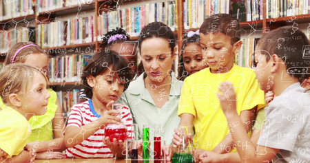 Image of science icons over smiling caucasian female teacher with diverse schoolchildren. national...
