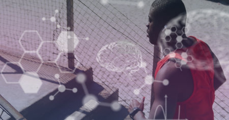 Medical data processing against african american fit man running up the stairs at the beach. sports,...