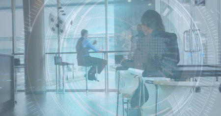 Image of data processing over diverse business people in office. global business, finances and...