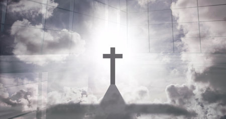 Image of cross and light over people walking on street. religion, faith and christianity concept...