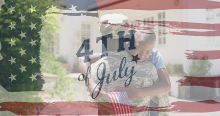 Image of 4th of july text and flag of usa over african american soldier and his son. patriotism and...