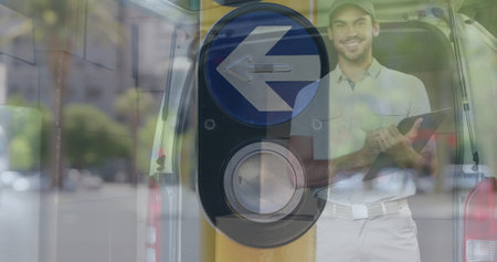 Image of road over happy caucasian male deliverer with cartons. global business and digital...