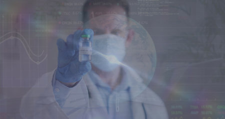 Image of data processing over caucasian male doctor with face mask and cure. global medicine and...