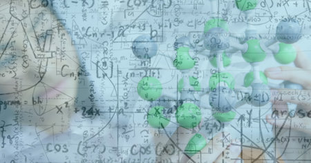 Image of mathematical equations over caucasian woman with models in classroom. school and education...