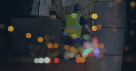 Image of road at night over caucasian male deliverer packing car. global business and digital...