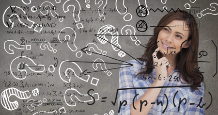 Image of mathematical equations over caucasian woman. education, knowledge and school concept...