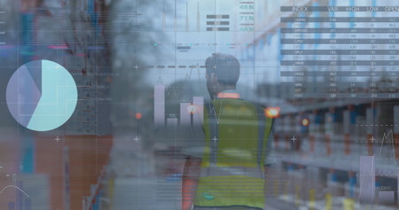 Image of graphs and financial data over caucasian male warehouse worker. finance, economy, business...