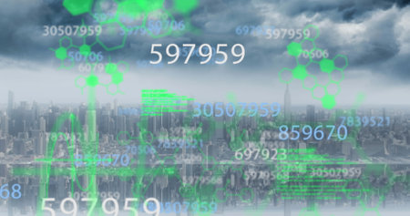 Image of shapes and numbers over cityscape and data processing. global business, finances, connections and digital interface concept digitally generated image.の写真素材