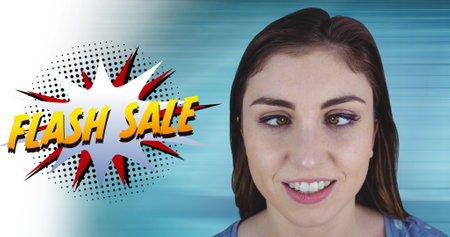 Image of flash sale text over happy caucasian woman. love and lifestyle concept digitally generated...