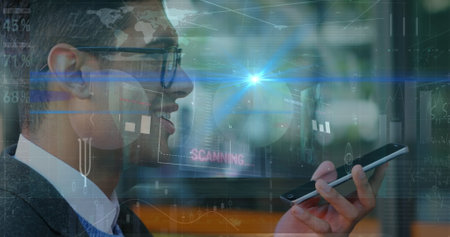 Image of financial data processing over biracial businessman using smartphone. global business,...