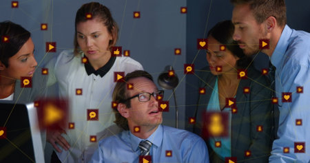 Image of network of connections with icons over business people. global connections, business,...