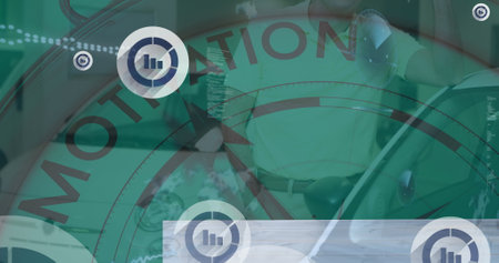 Image of icons with graphs, barometer with motivation over caucasian man and car. global automotive...