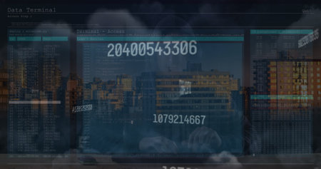 Image of caucasian male hacker and data processing over cityscape. global technology and data...