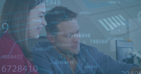 Image of data processing over caucasian business people talking. global business, finances, connections and digital interface concept digitally generated image.の写真素材