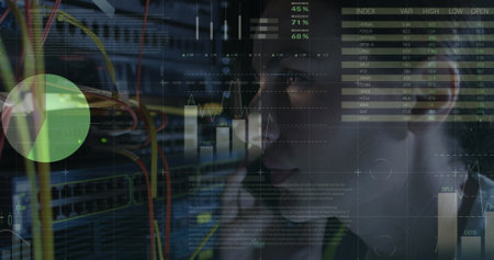 Image of data processing over caucasian female it engineer with smartphone by computer server. data...