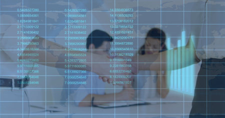 Image of financial data processing over business people shaking hands in meeting. global business, connections and data processing concept digitally generated image.の写真素材