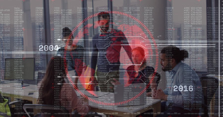 Image of financial data processing over diverse business people in office. global business, finances...