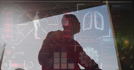 Image of medical data processing over african american man with headphones exercising. sports and active lifestyle concept digitally generated image.の写真素材