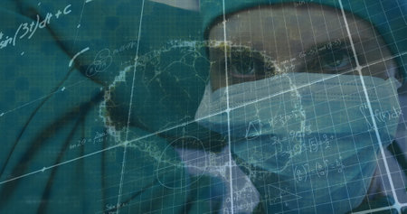 Image of human brain and data processing over female caucasian surgeon with face mask. global...
