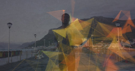 Image of geometrical shapes over african american fit man running on promenade. sporty and fit...