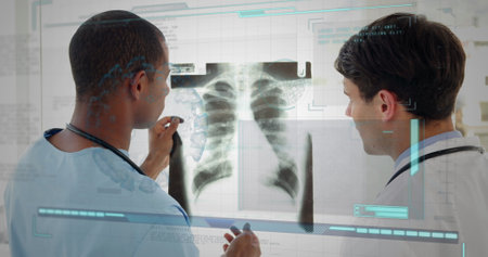 Image of diverse doctors talking over data processing. global medicine, finances, connections and digital interface concept digitally generated image.の写真素材