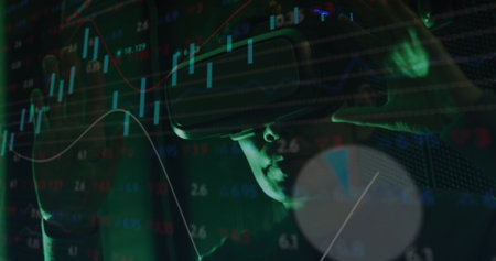 Image of data over asian male it engineer with vr headset by computer server. data processing, cloud...