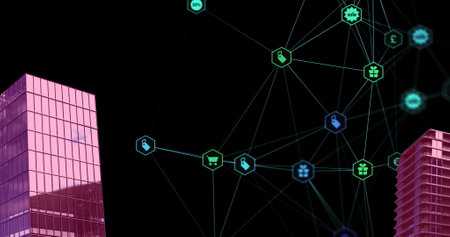 Image of digital network of connections with icons over pink 2d cityscape model. global networks, connections and digital interface concept digitally generated image.の写真素材
