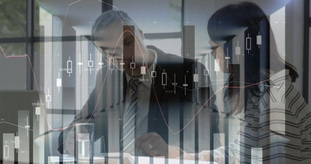 Image of financial data processing over businesses people. global business, finances, data processing and digital interface concept digitally generated image.の写真素材
