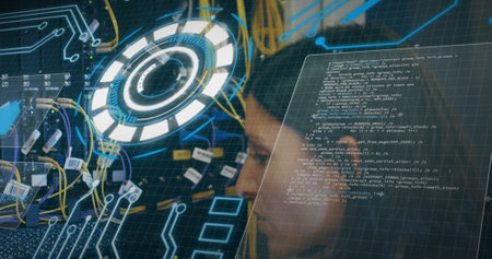 Image of data processing over caucasian woman inspecting server room. global technology and digital...