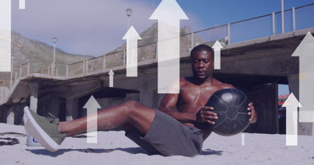 Image of arrows over an exercising african american man. Global connections, wellbeing, fitness and...