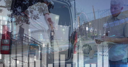 Image of financial data over caucasian male courier and warehouse worker. business, finance and...
