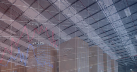 Image of financial data and graphs over packages in warehouse. trade, delivery services, economy and...