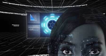 Image of data processing over biracial woman. global technology and digital interface concept...
