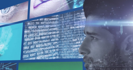 Image of data processing and digital screens over caucasian man. global technology and digital...