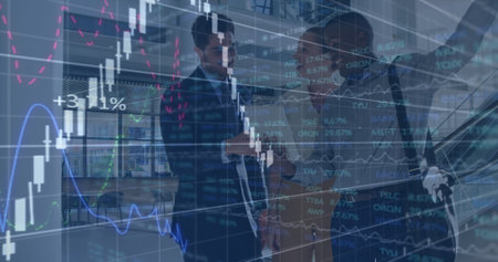 Image of financial data and graphs over diverse businesspeople talking. global business, finance,...