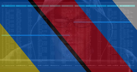 Image of caucasian male hacker over flag of russia and ukraine. ukraine crisis, cyber warfare and...
