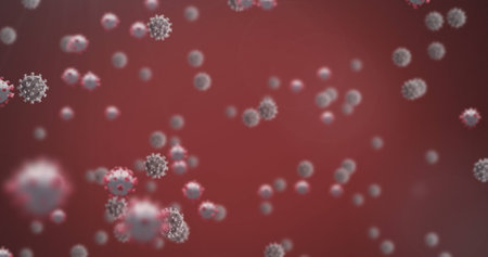 Image of virus cells over red background. health and medicine during coronavirus covid 19 pandemic...