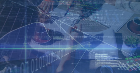 Image of financial data processing over businesses people. global business, finances, data...