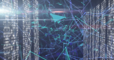 Image of network of connections over moving columns on black background. global connections, data...
